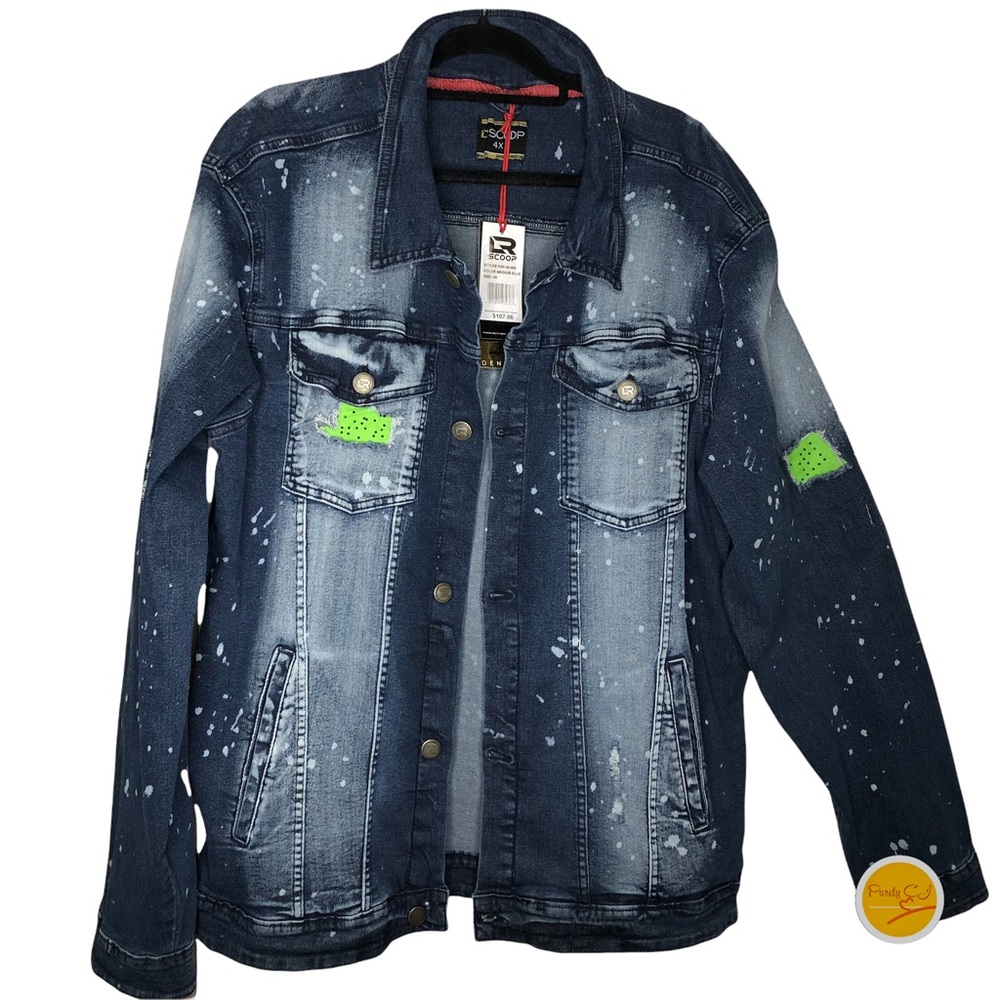 Blue Denim Jacket with Paint Splatter Print Neon Green details 4X NWT